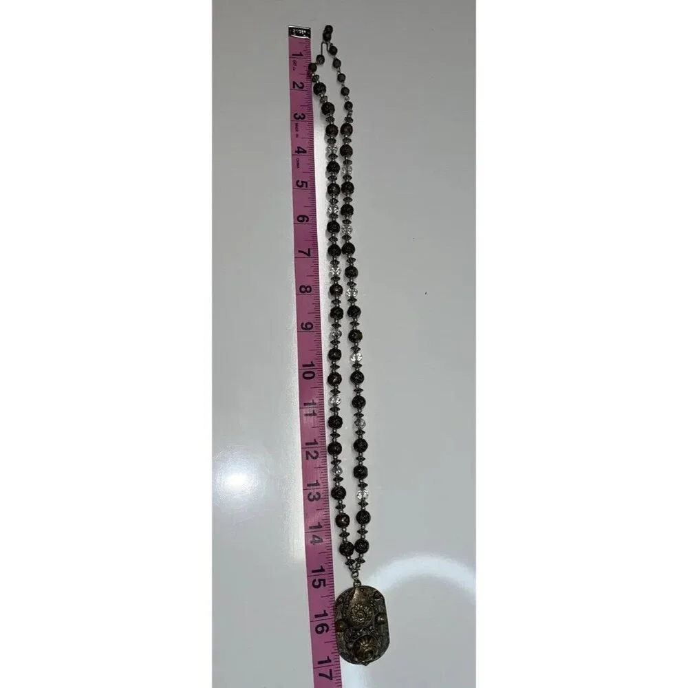 Vintage Brass Rose Pendant Necklace With Plastic Beaded Roses Filigree Stunning!